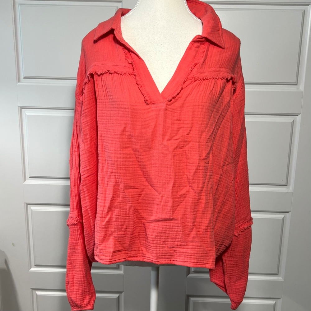 NWT DEAR JOHN Coral Gauze Textured Collared V Neck Long Sleeve Top XL